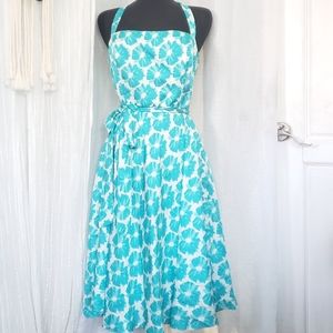 Floral Halter Fit-and-Flare Dress in Teal and White